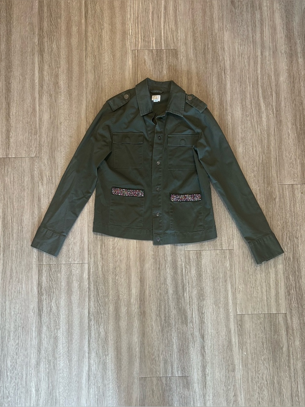 A New Day Artsy Beaded Olive Green Utility Jacket 🎨📿